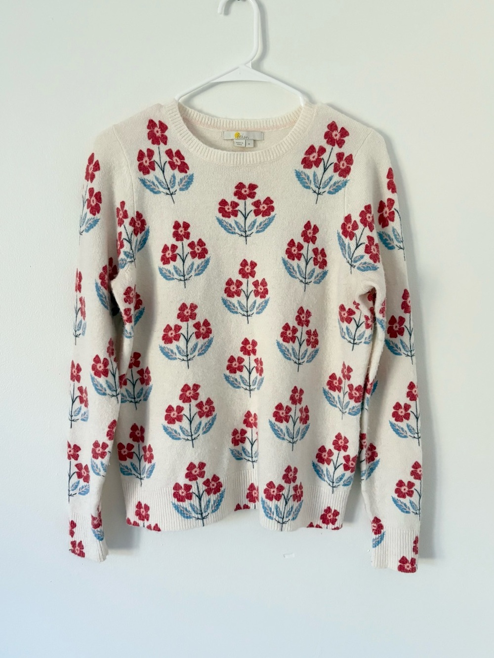 Boden Cream Red Floral Block Print Style Alpaca Blend Pullover Sweater Medium